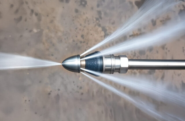 Example of hydro-jetting equipment and the high-pressure water it uses to clear buildup inside a residential plumbing pipe.